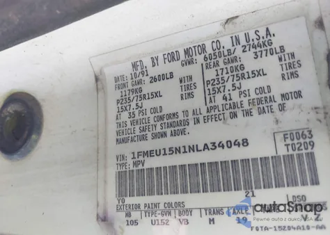 1992 Ford Bronco U100 from USA, damaged, VIN 1FMEU15N1NLA34048